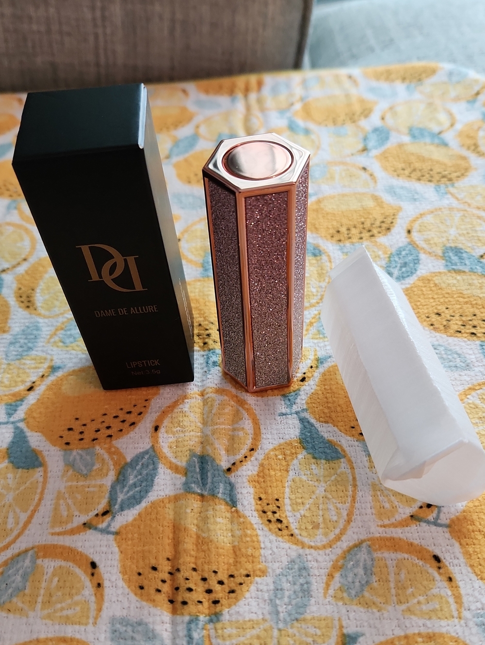 DC Rose Gold Glitter Hexagonal Lipstick Case WITH SAPPHIRE COLOR LIPSTICK